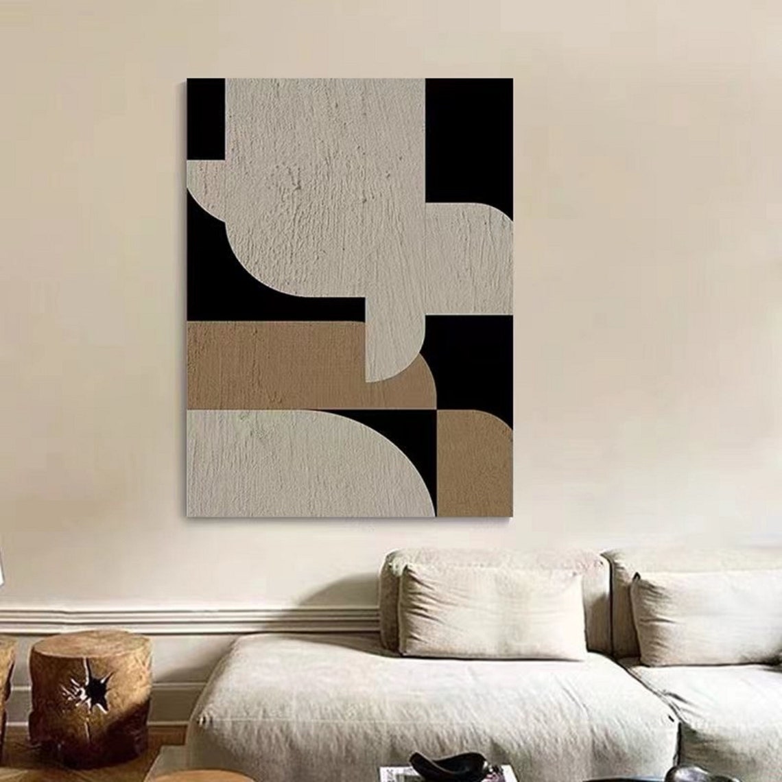Black Geometric Blocks Tan Textured Modern Abstract Art Poster - Image 5