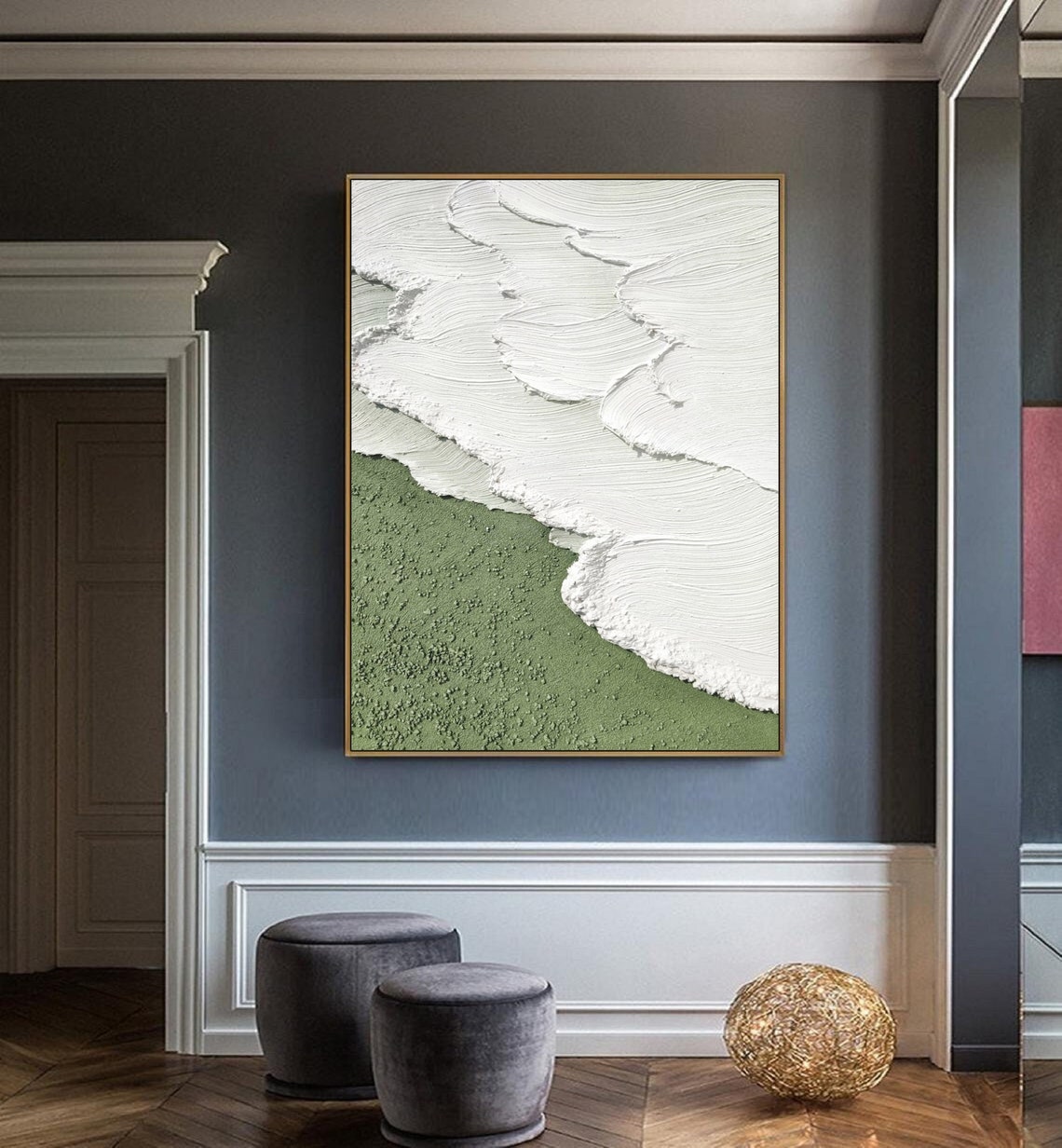 White Textured Wave Flowing Over Sage Green Abstract Painting Poster - Image 4