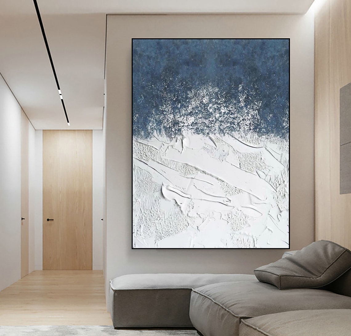 Navy Night Sky White Snow Waves Textured Impasto Neutral Poster - Image 2