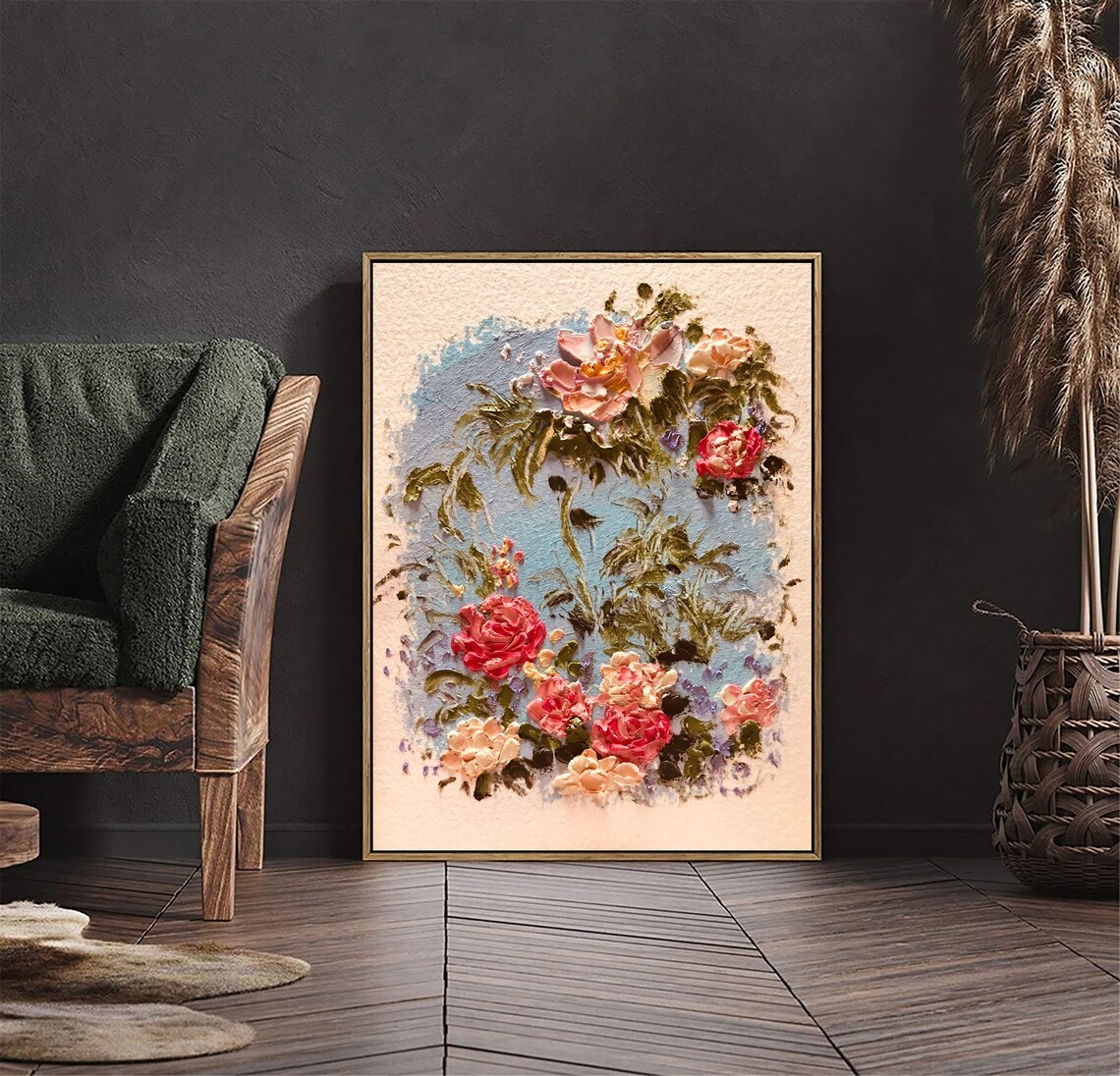 Pink Peony Rose Bouquet Impasto Floral Oil Painting Neutral Poster - Image 4