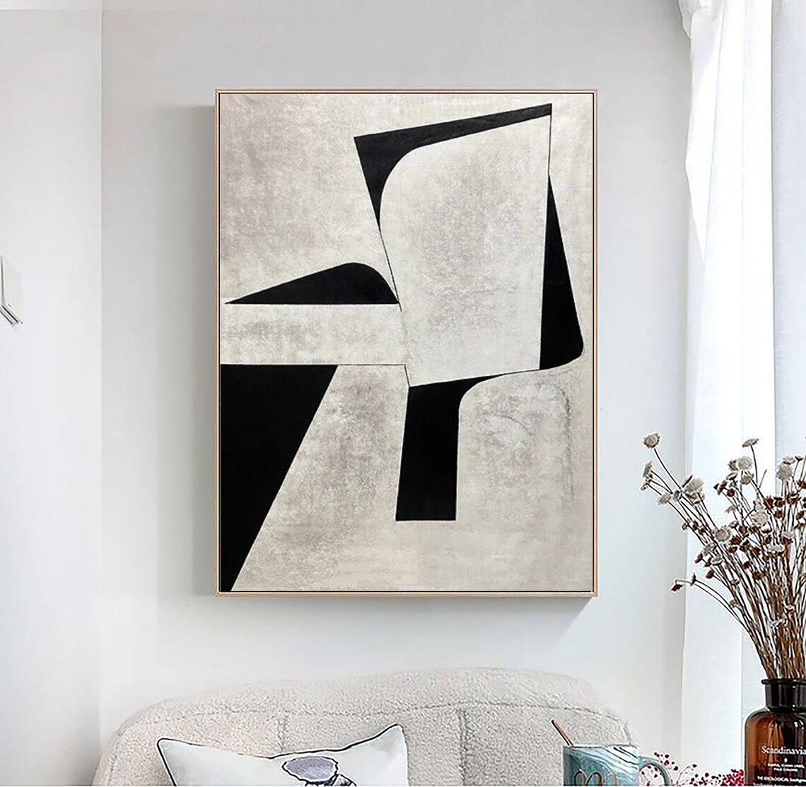 Wabi Sabi Wall Art Black And White Abstract Painting On Black White Textured Wall Art Modern Minimalist Painting Entrance Wall Art - Image 4