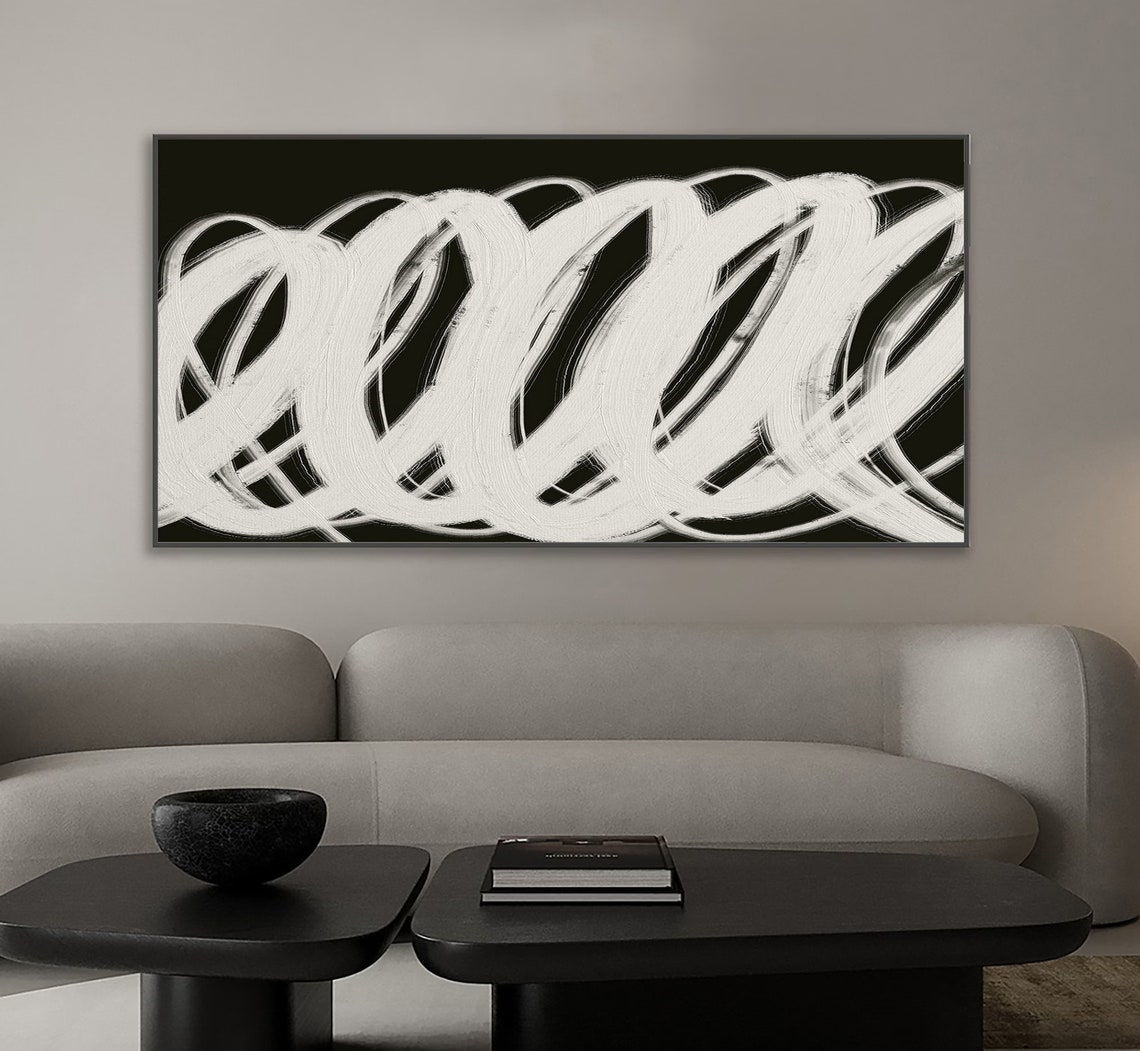 White Bold Brush Swirls On Black Abstract Modern Dramatic Art Poster - Image 5