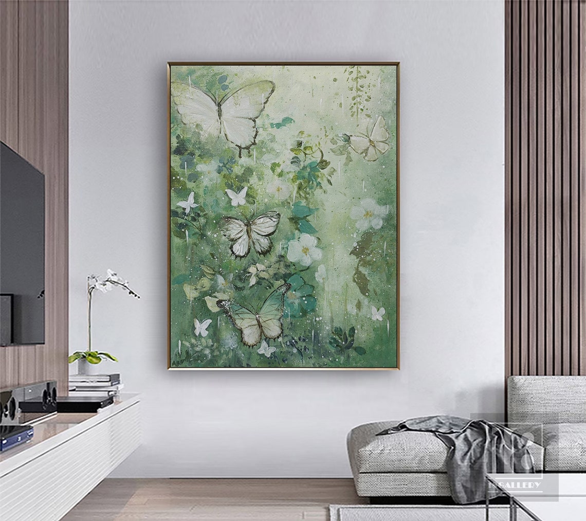Large Butterfly Landscape Painting Modern Butterfly Painting Abstract Texture Wall Art Green Oil Painting Artwork For Living Room - Image 5