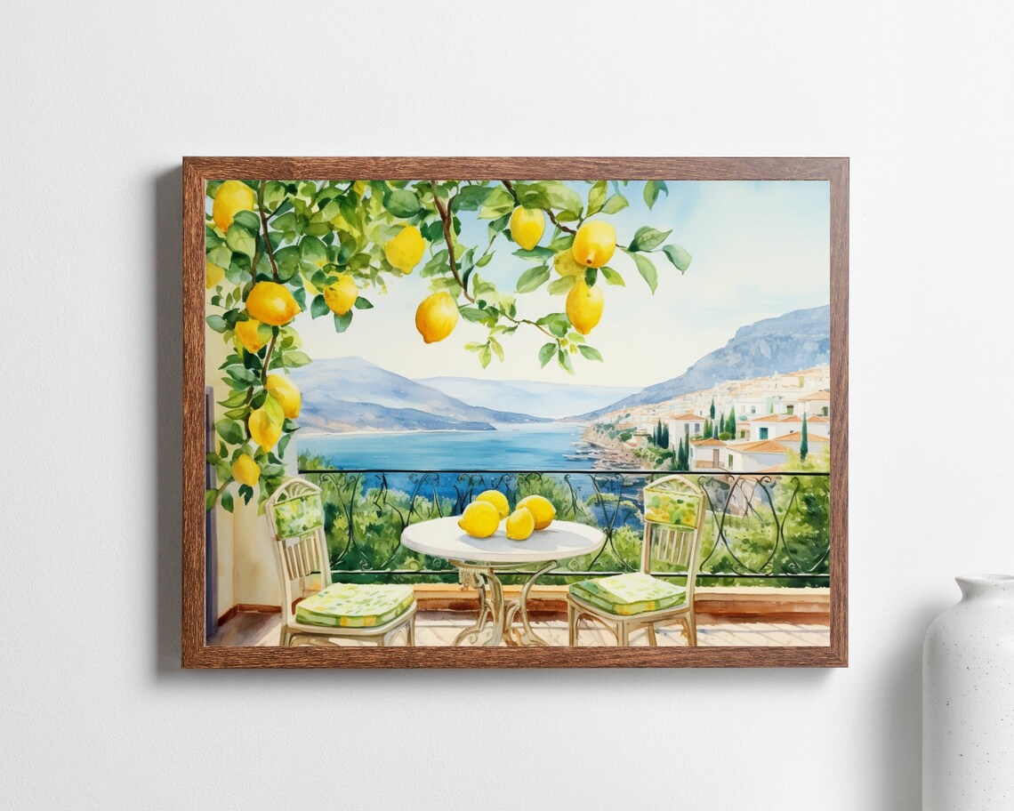 Capri Lemon Tree Watercolor Art Print, Coastal View
