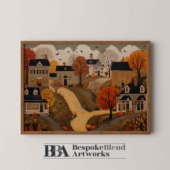 Autumn Pumpkin Town Wall Art Whimsical Fall Village Scene For Cozy Harvest Decor And Rustic Home Styling