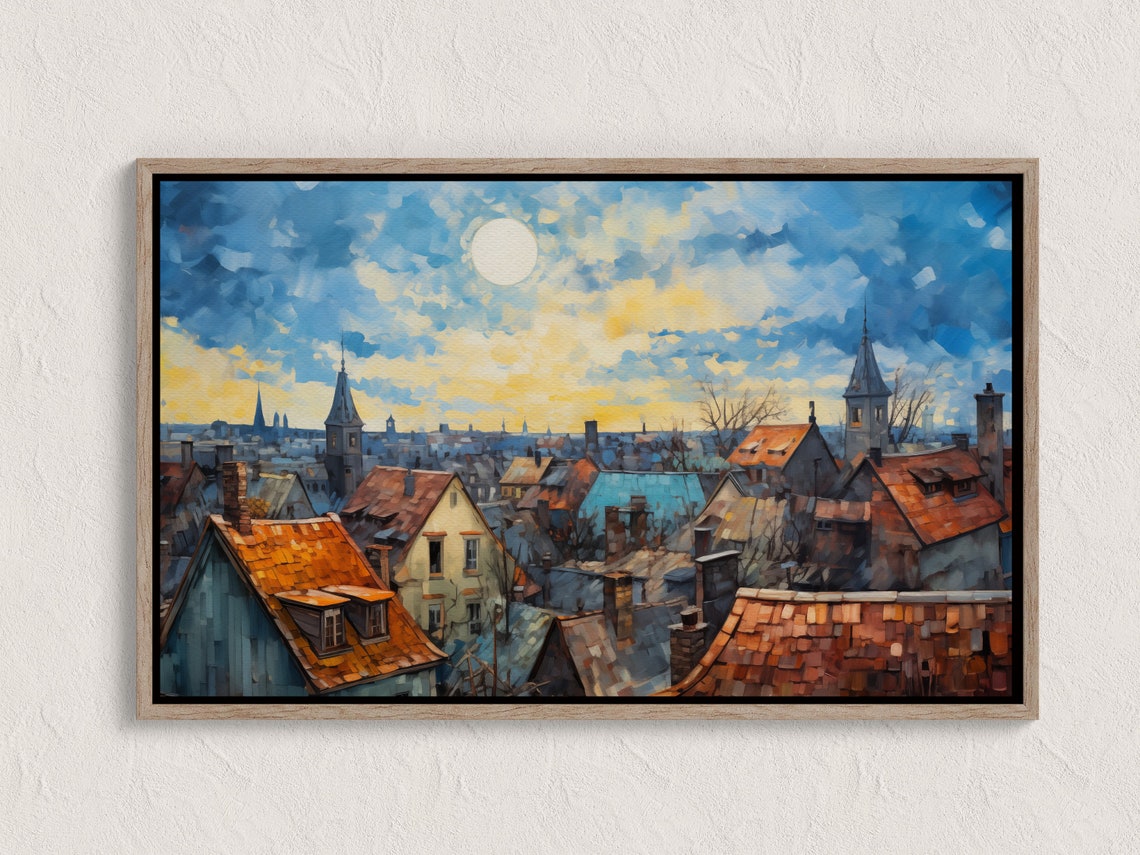 Moonlit Old Town Rooftops Chimneys Spires Night Sky Painting Poster