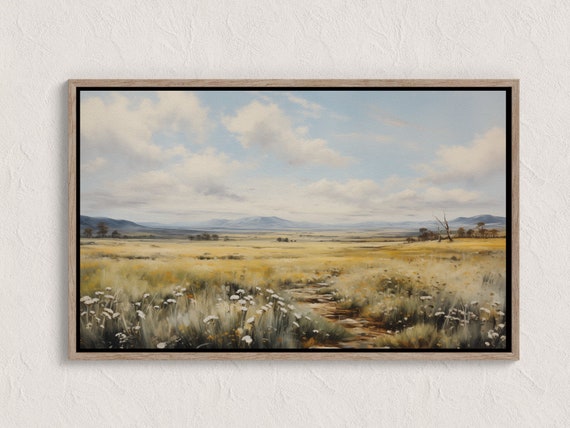Vintage Australian Outback Oil Painting Serene Landscape Vast Grasslands Tranquil Wildflowers