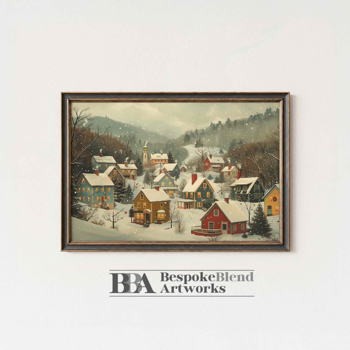 Snowy Village Folk Art Painting Colorful Winter Houses Poster