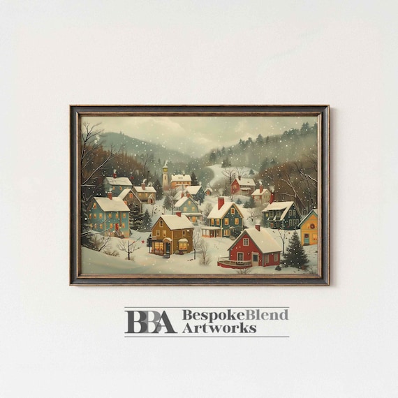 Winter Village Snow Scene Folk Art Cozy Christmas Town Poster