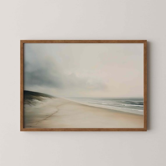 Minimalist Beach Wall Art Abstract Coastal Oil Painting Neutral Seascape Print Foggy Shoreline Serene Ocean Home Decor
