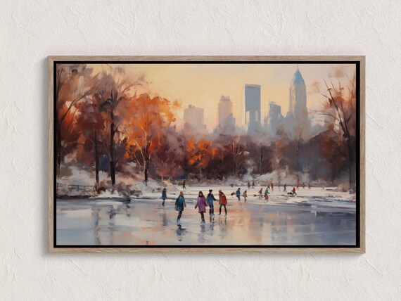 Winter Ice Skaters Central Park Snowy City Landscape Painting Poster