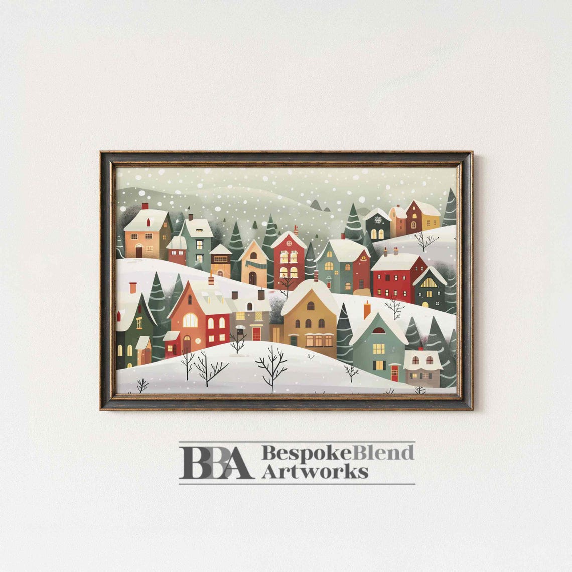 Charming Snow Covered Christmas Town Village Winter Painting Poster