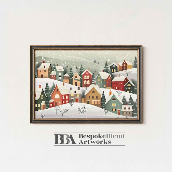 Charming Snow Covered Christmas Town Village Winter Painting Poster