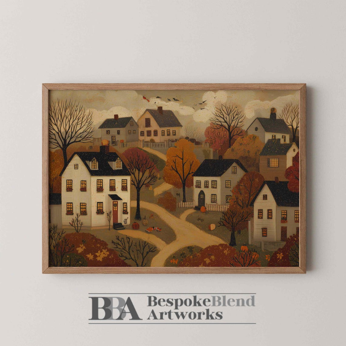 Colonial Autumn Village Fall Folk Art Pumpkins Painting Wall Art