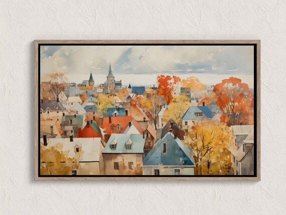 Fall Abstract Cityscape Painting Aerial View Of Town Architectural Oil Artwork Unique Rooftops Buildings Art Decor
