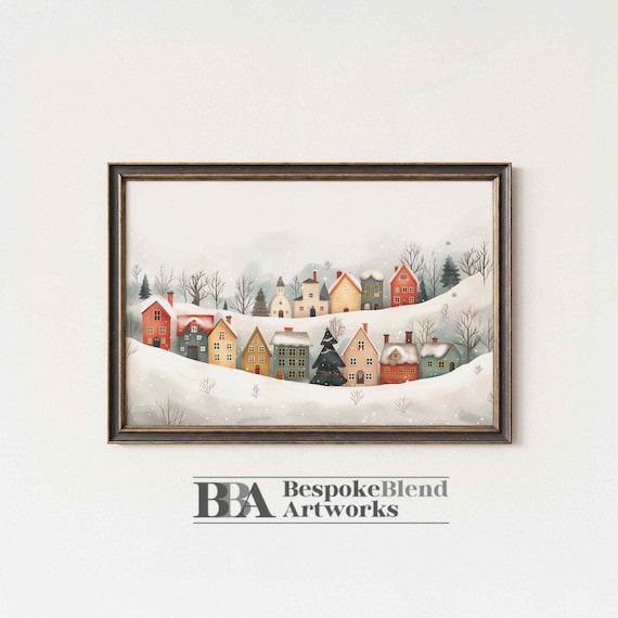 Christmas Village Snowy Hillside Colorful Cottages Holiday Scene Poster