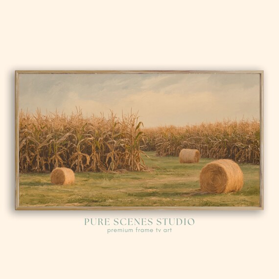 Golden Cornfield with Hay Bales Autumn Harvest Farm Landscape Poster