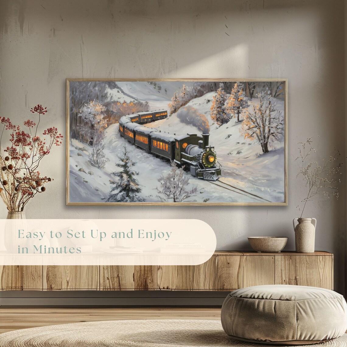 Steam Locomotive With Glowing Windows Snowy Hills Dusk Journey Poster - Image 5