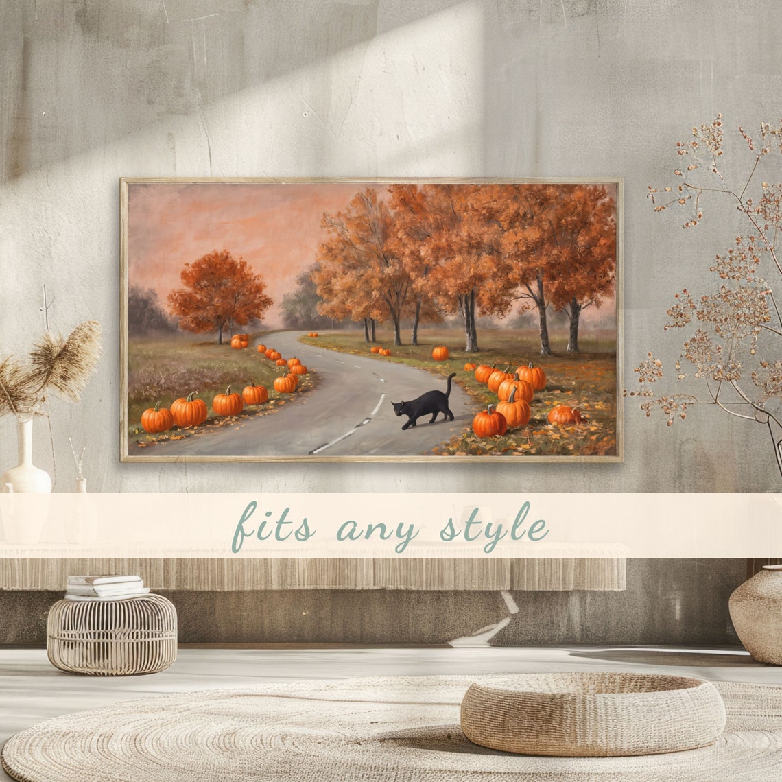Pumpkin Patch Road with Black Cat Vintage Autumn Landscape Poster - Image 3