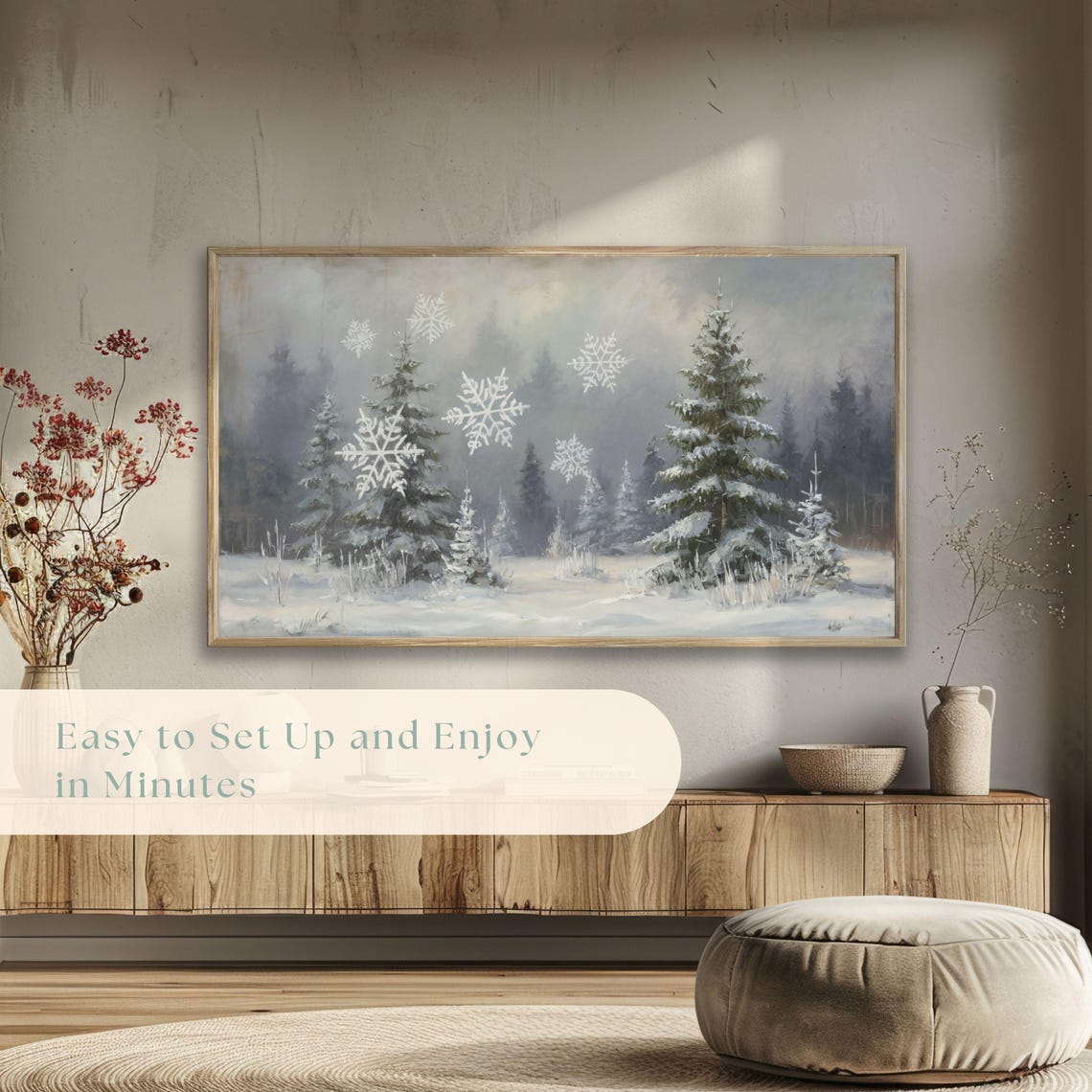 Snowy Pine Forest With Giant Snowflakes Misty Mountains Winter Poster - Image 5