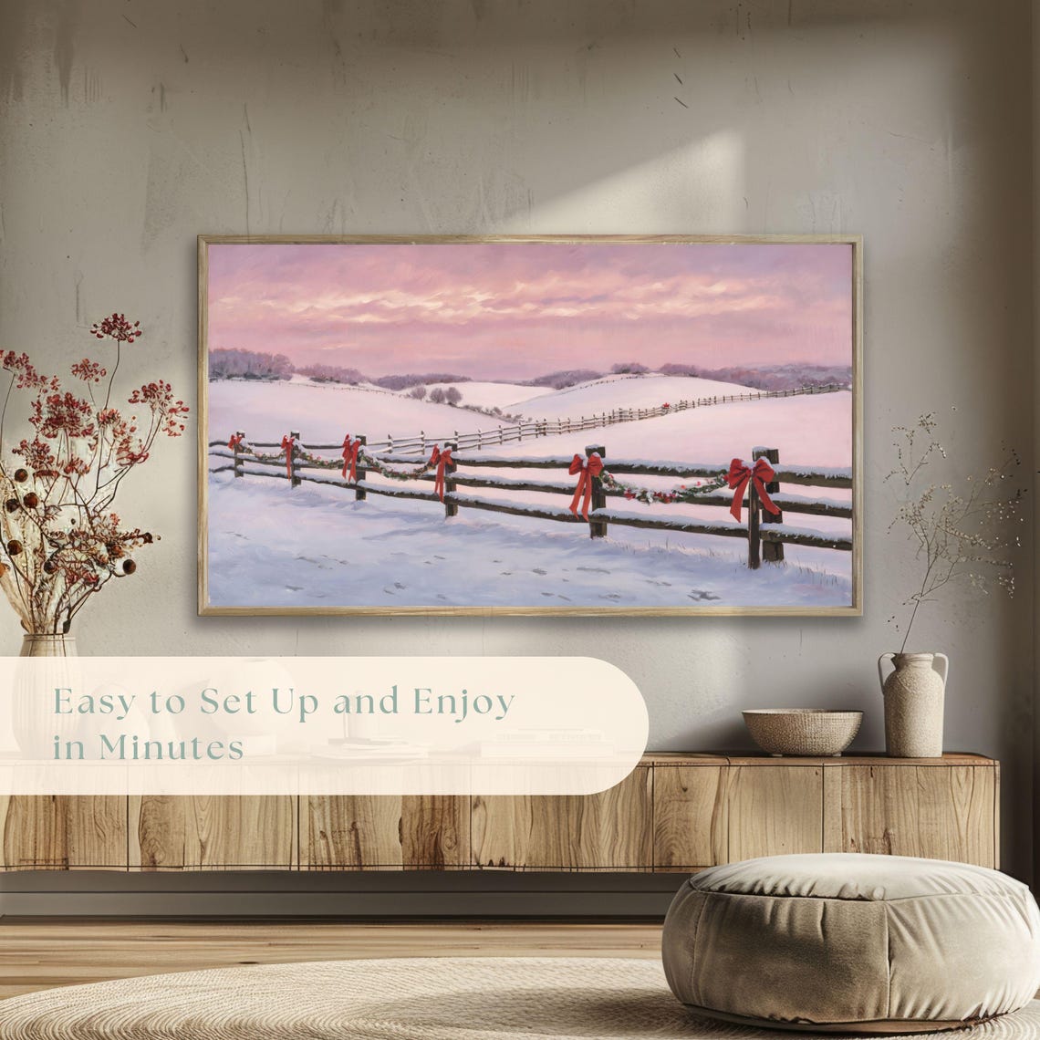 Snowy Field Split Rail Fence Red Bows Christmas Painting Poster - Image 5