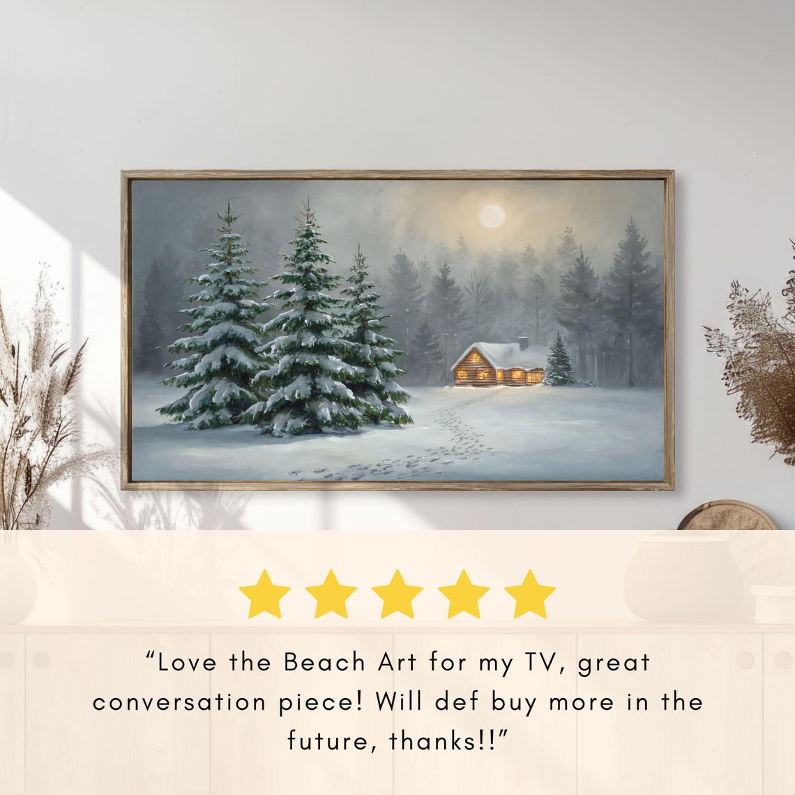 Glowing Log Cabin Snowy Forest Moonlit Night Vintage Winter Poster - Image 2