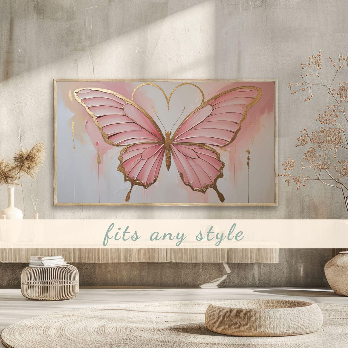 Pink Butterfly Gold Outline Romantic Textured Painting Poster - Image 3