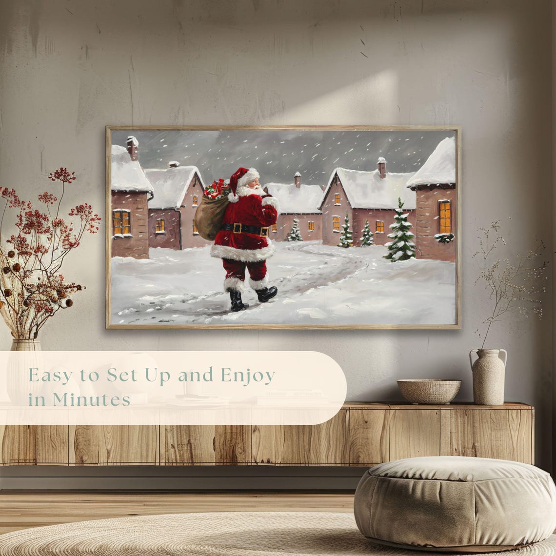 Christmas Frame Tv Art Santa Claus In Snow Covered Village Cozy Winter Decor Vintage Holiday Tv Art Santa Scene Festive Winter - Image 5