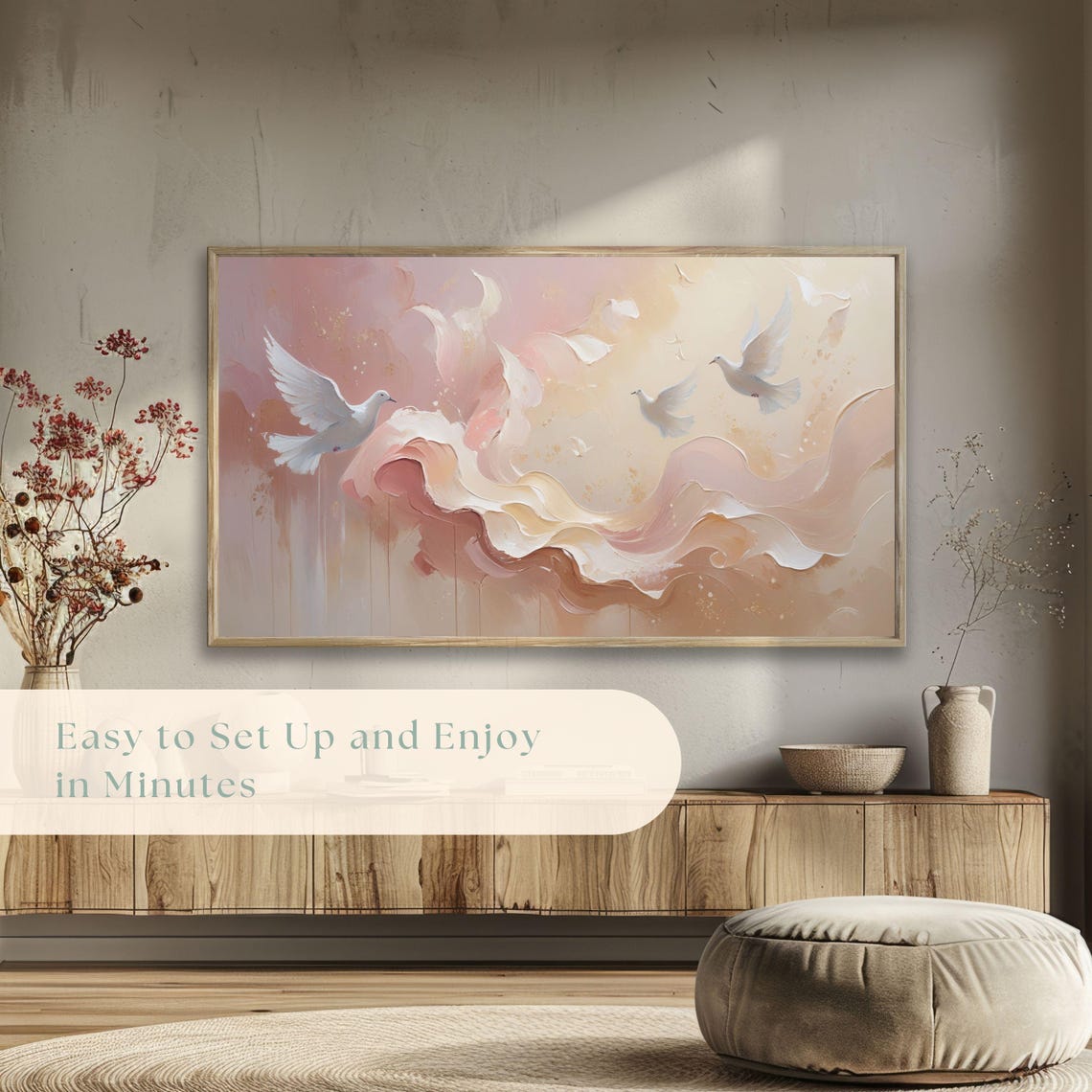 White Doves Pastel Abstract Waves Romantic Wedding Painting Poster - Image 5