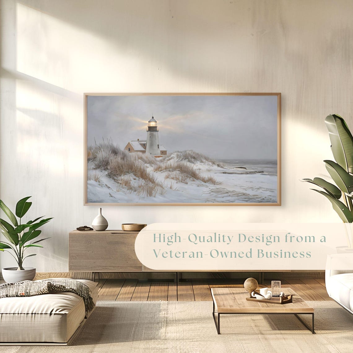 Snowy Lighthouse Sand Dunes Winter Peaceful Coastal Painting Poster - Image 4