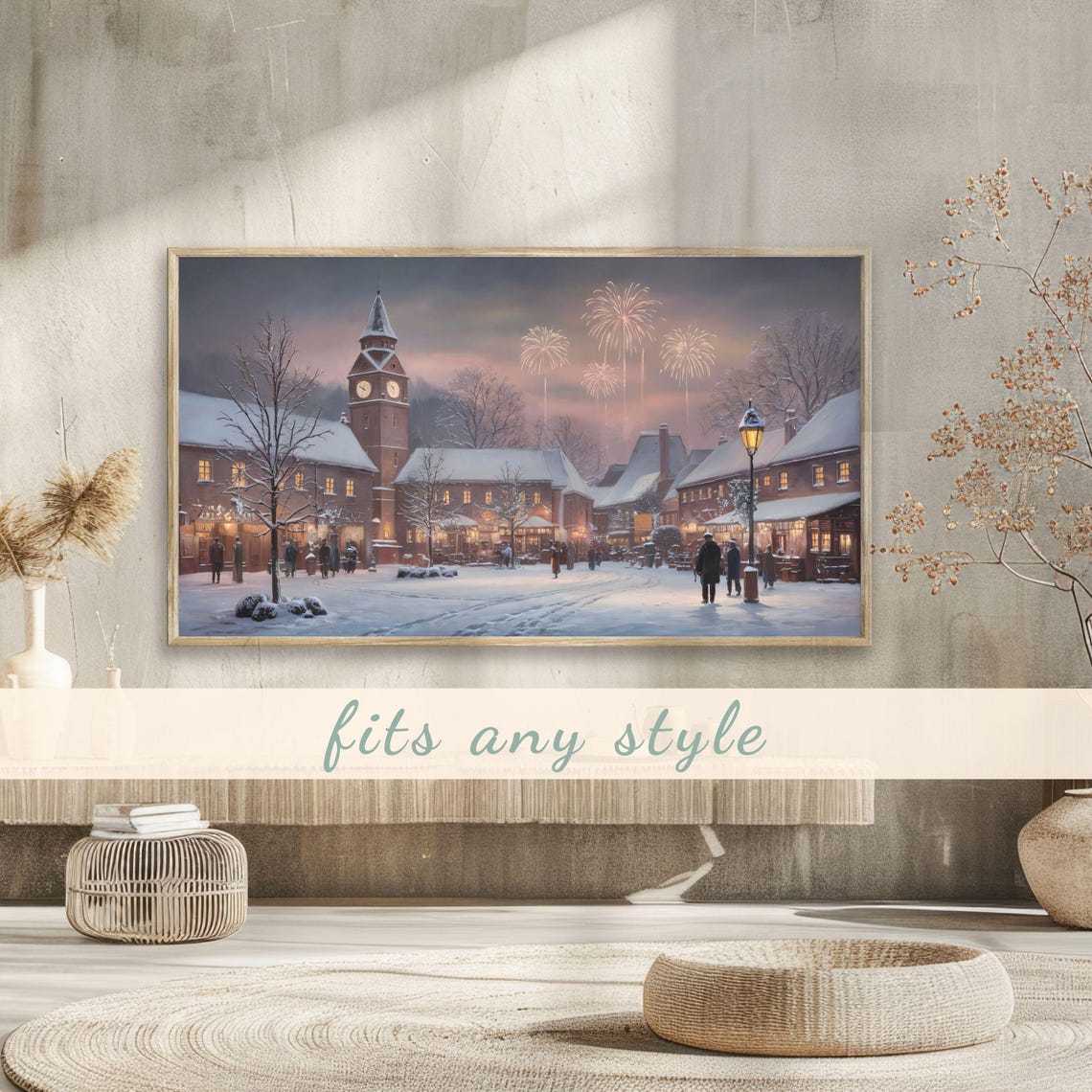 Snowy Village Square Clock Tower Fireworks Night Painting Poster - Image 3