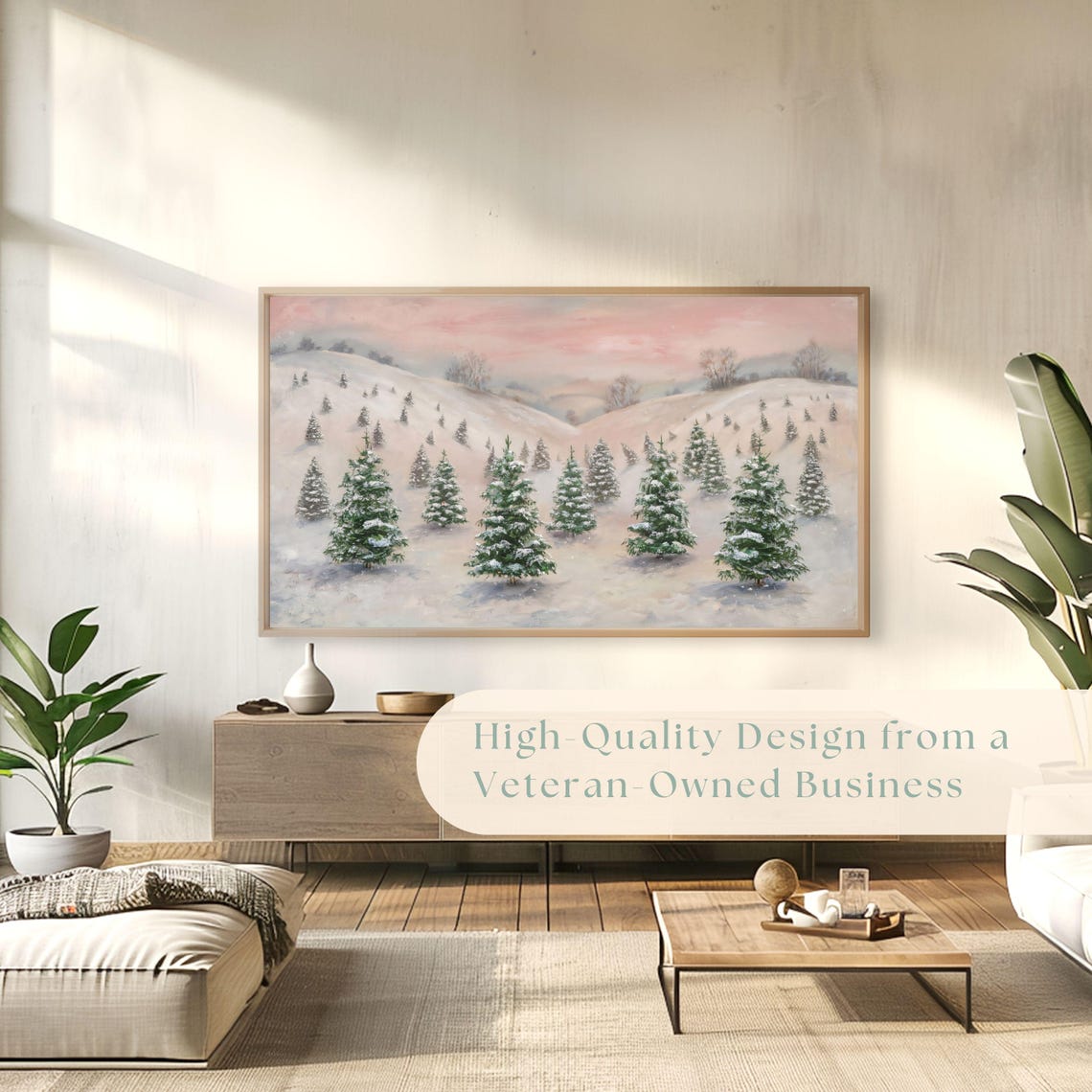 Snowy Hillside with Christmas Trees Pastel Pink Winter Poster - Image 4