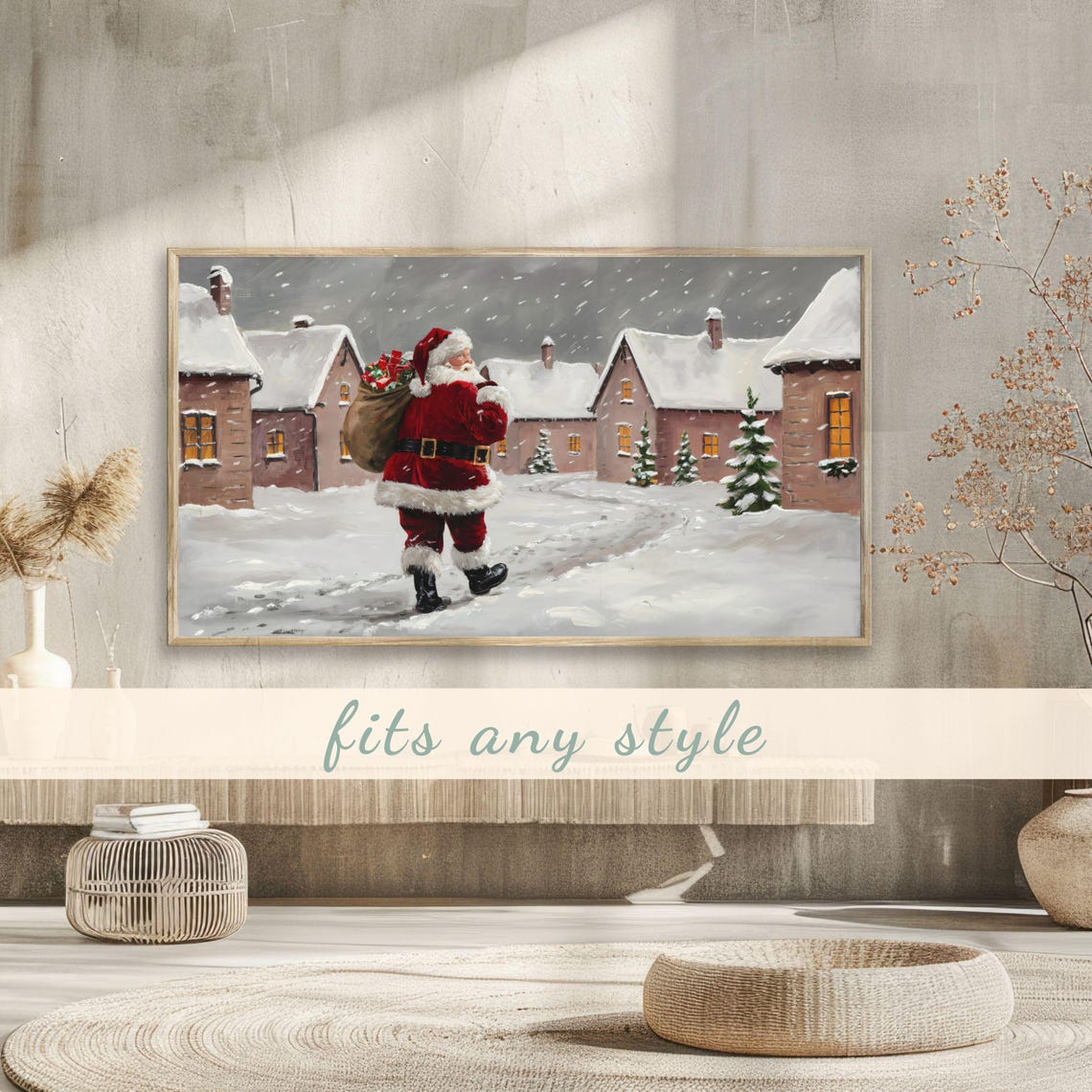 Christmas Frame Tv Art Santa Claus In Snow Covered Village Cozy Winter Decor Vintage Holiday Tv Art Santa Scene Festive Winter - Image 3