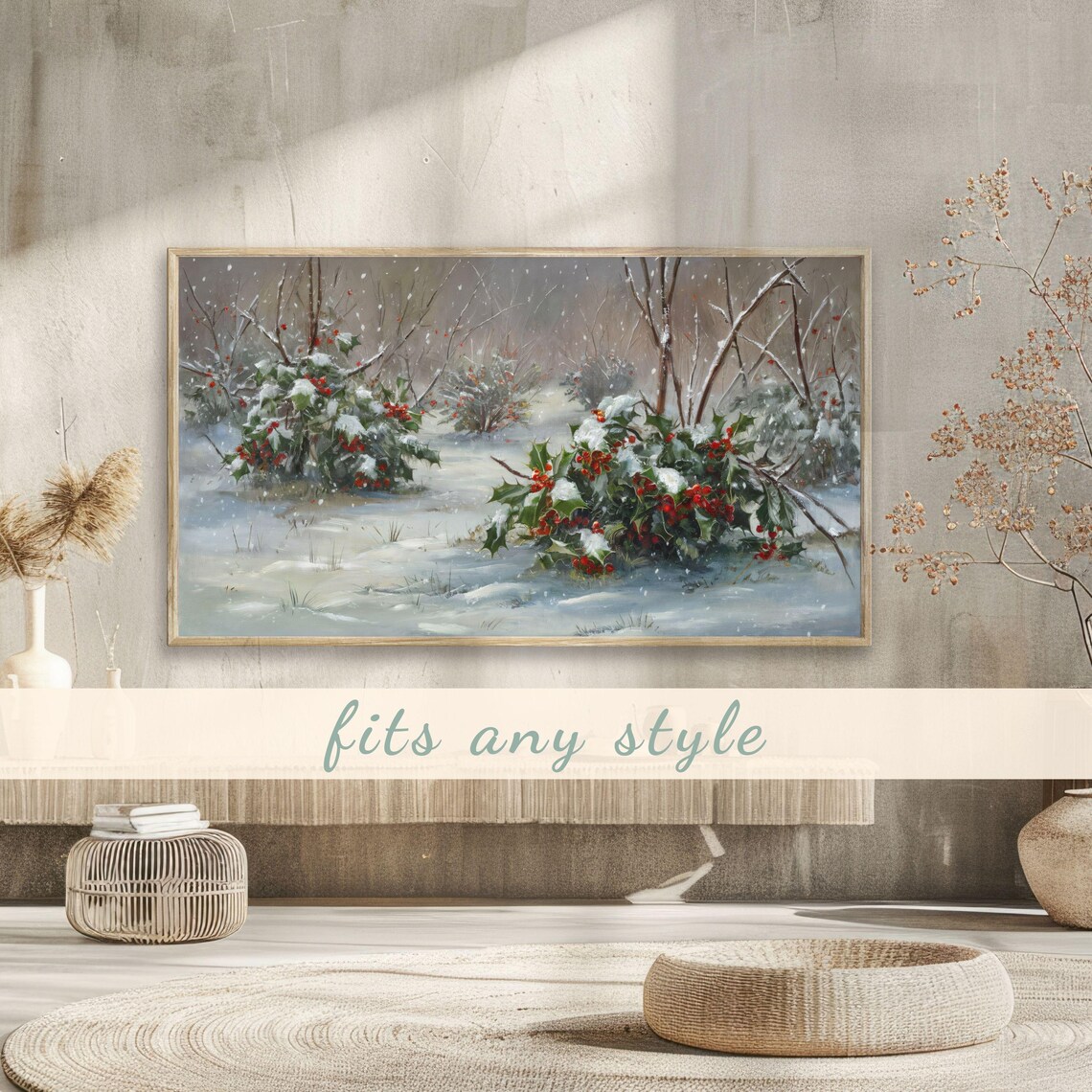 Snowy Holly Bushes Red Berries Falling Snow Winter Garden Scene Poster - Image 3