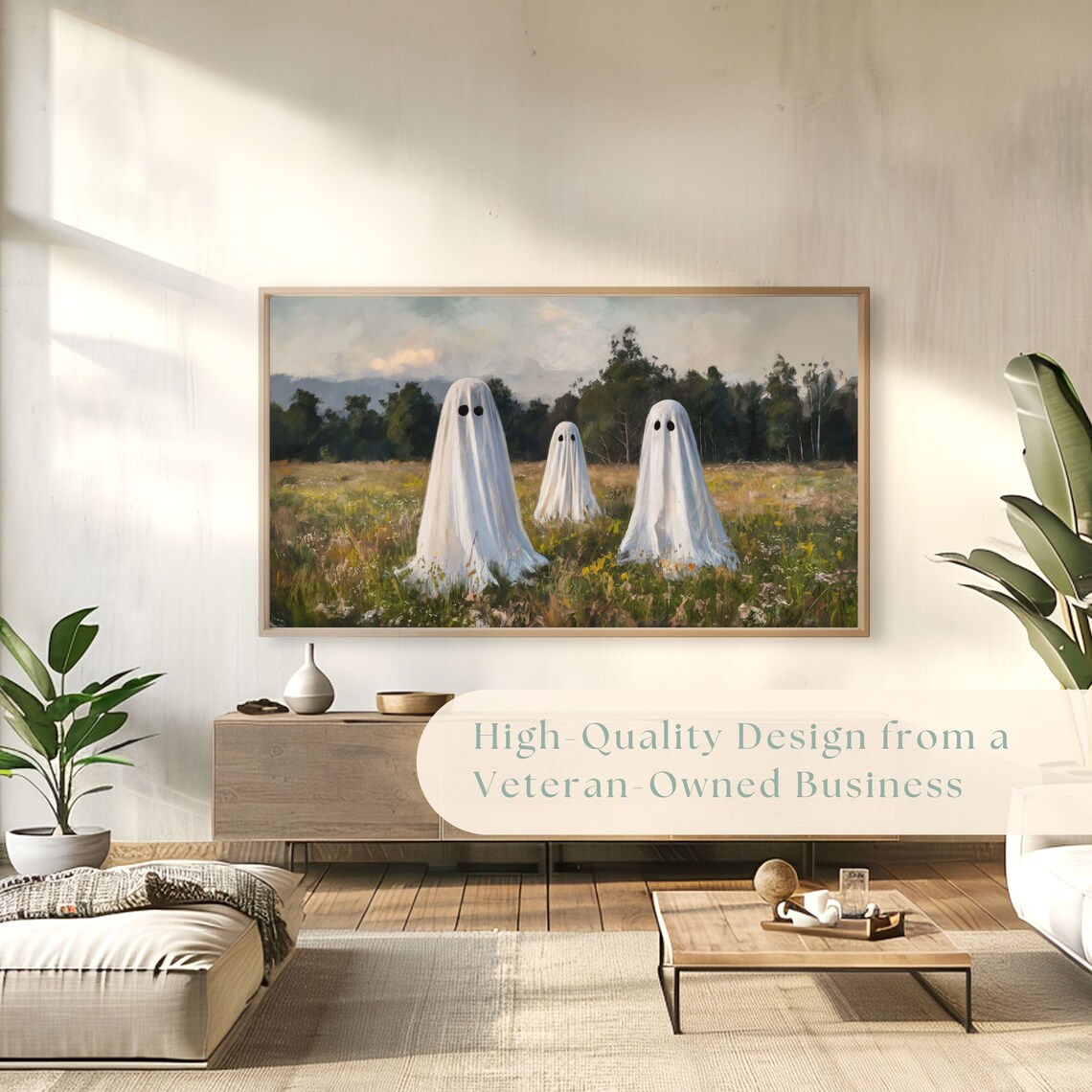 Three Friendly Sheet Ghosts Standing In Sunny Meadow Vintage Painting Poster - Image 4