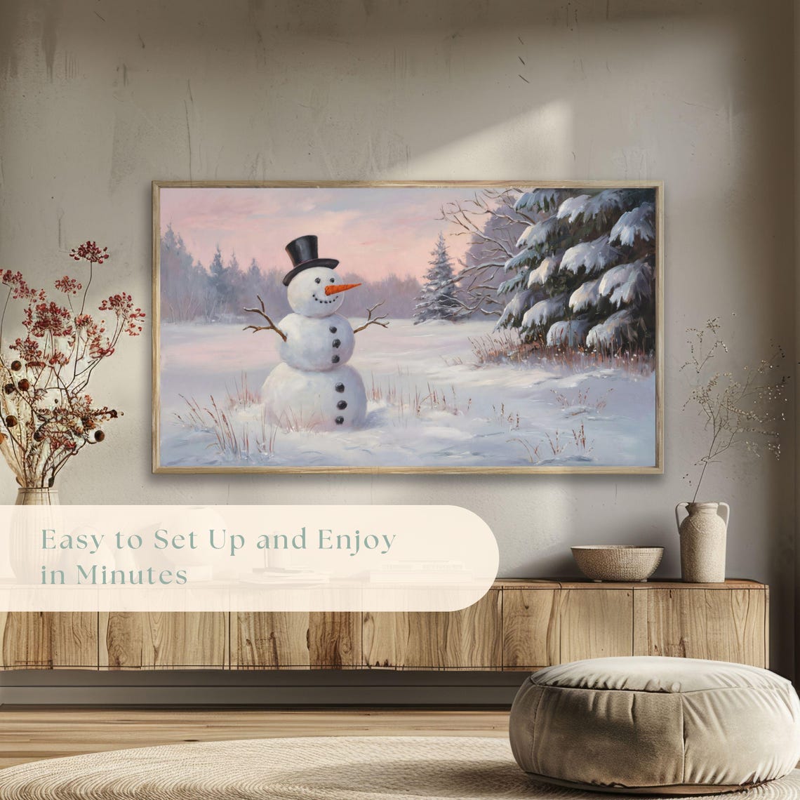 Snowman Top Hat Pink Dusk Snowy Winter Forest Painting Poster - Image 5