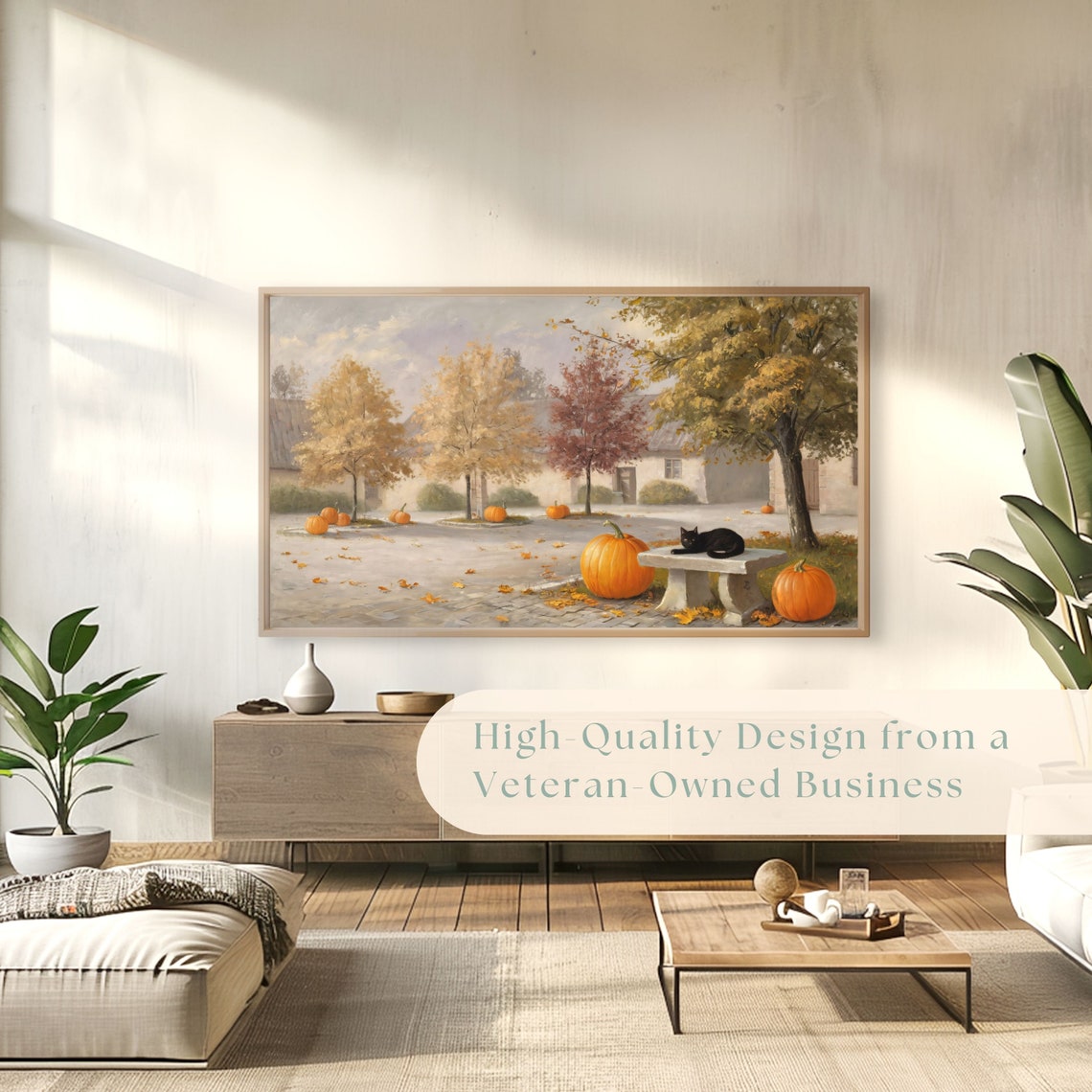 Autumn Village Square with Pumpkins and Black Cat Vintage Poster - Image 4