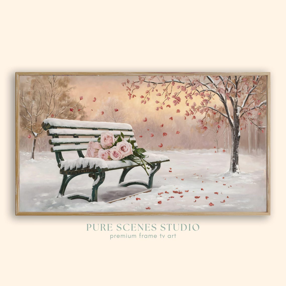 Snowy Park Bench Pink Roses Falling Petals Romantic Painting Poster