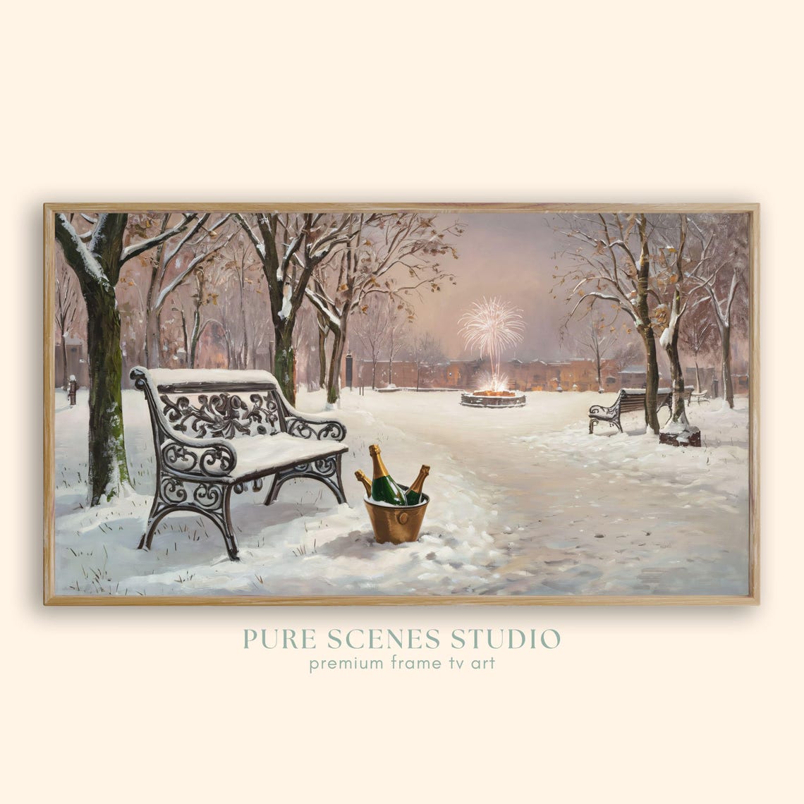 Snowy Park Champagne Bucket Fireworks Winter Celebration Poster