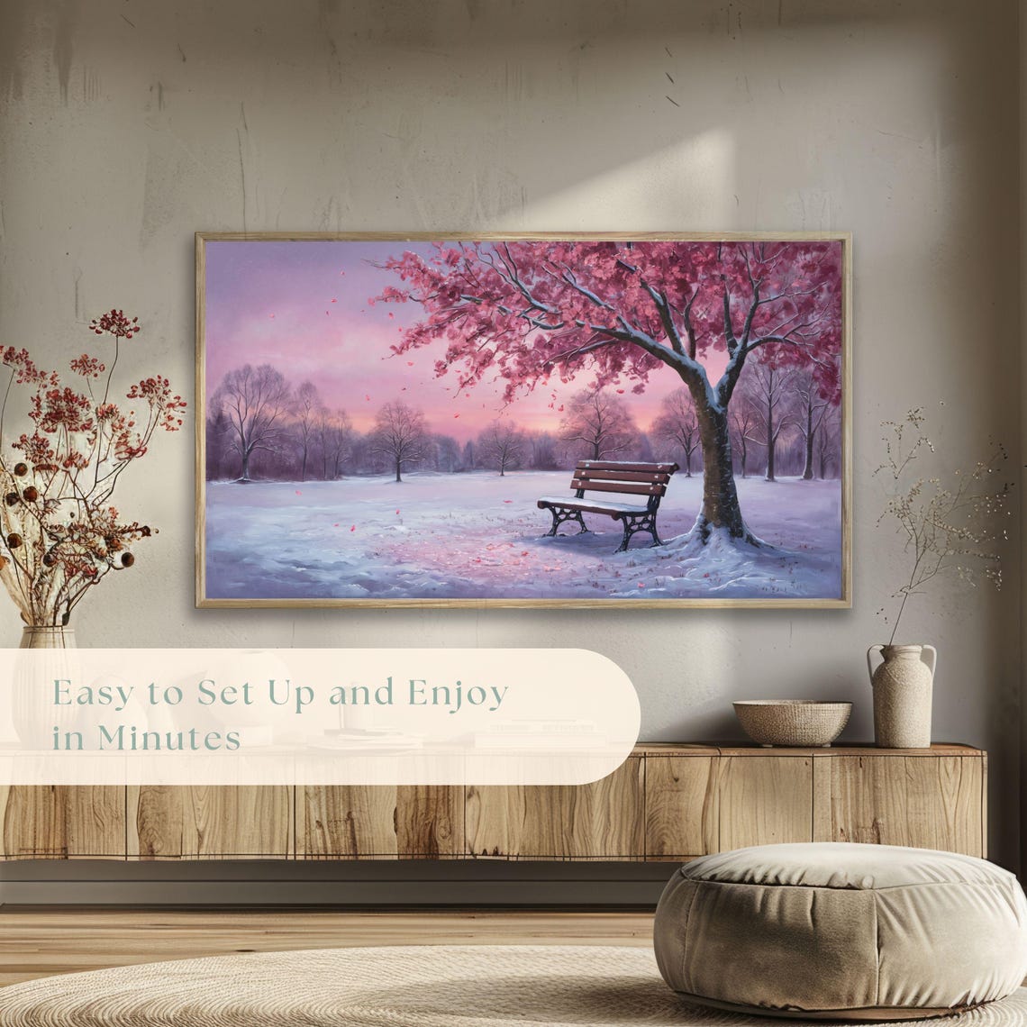 Snowy Park Bench Pink Blossom Tree Winter Dusk Painting Poster - Image 5