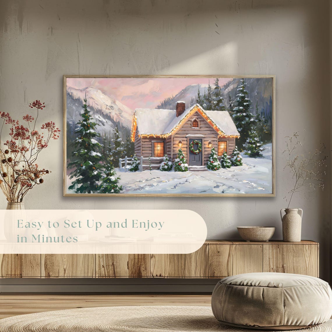 Snowy Cabin with Christmas Lights Cozy Mountain Winter Poster - Image 5