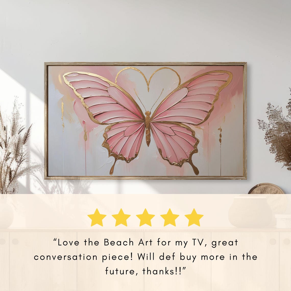 Pink Butterfly Gold Outline Romantic Textured Painting Poster - Image 2