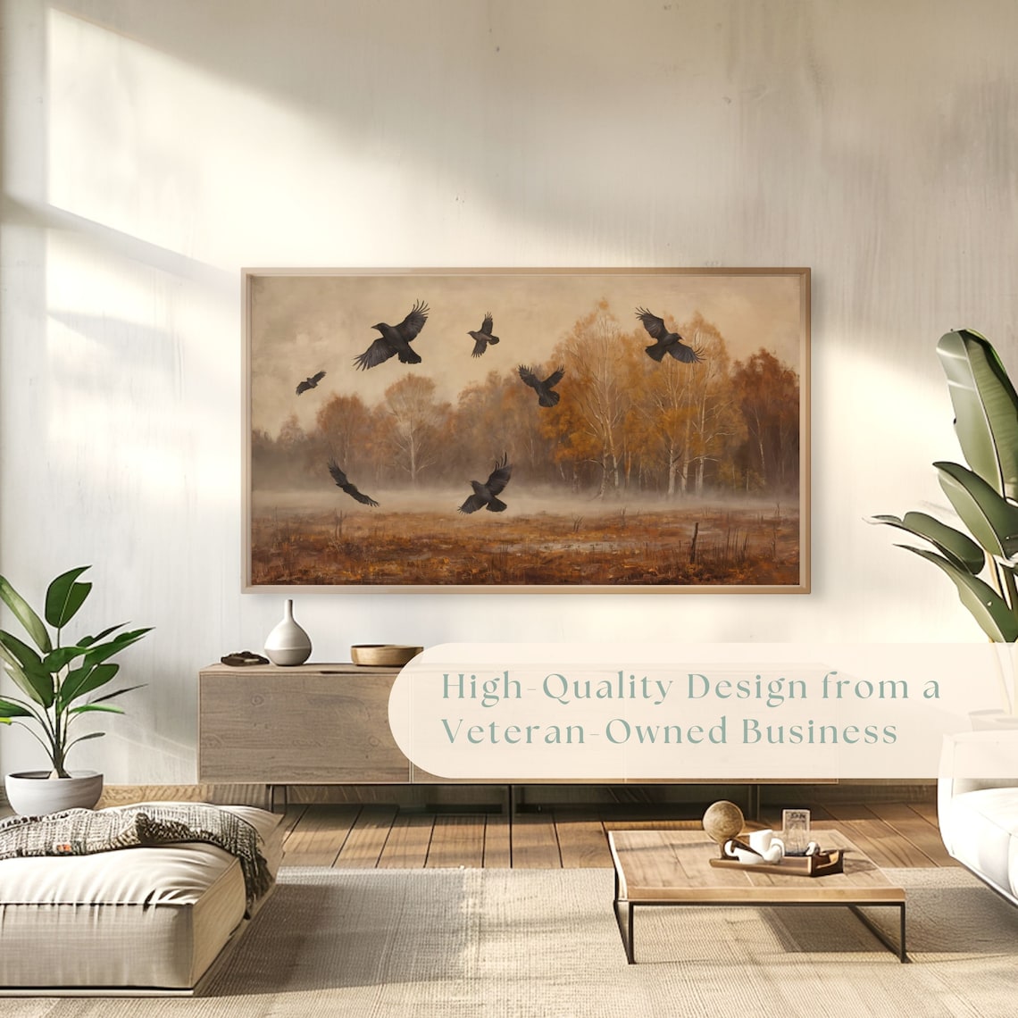 Crows Flying Over Moody Autumn Field Misty Vintage Landscape Poster - Image 4