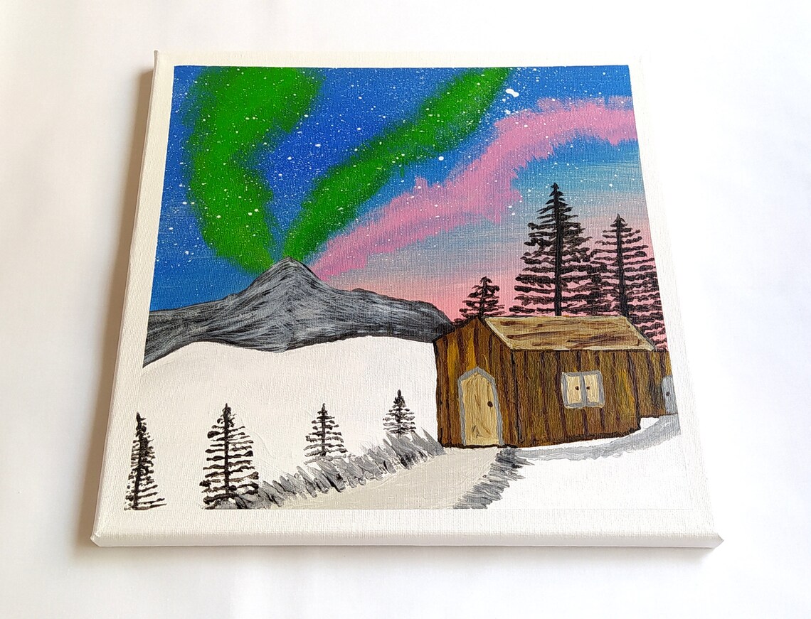 Winter Night Cottage Aurora Pine Tree Mountain Landscape Scenery Nature Painting On Wall Art Dcor Housewarming Gift - Image 2