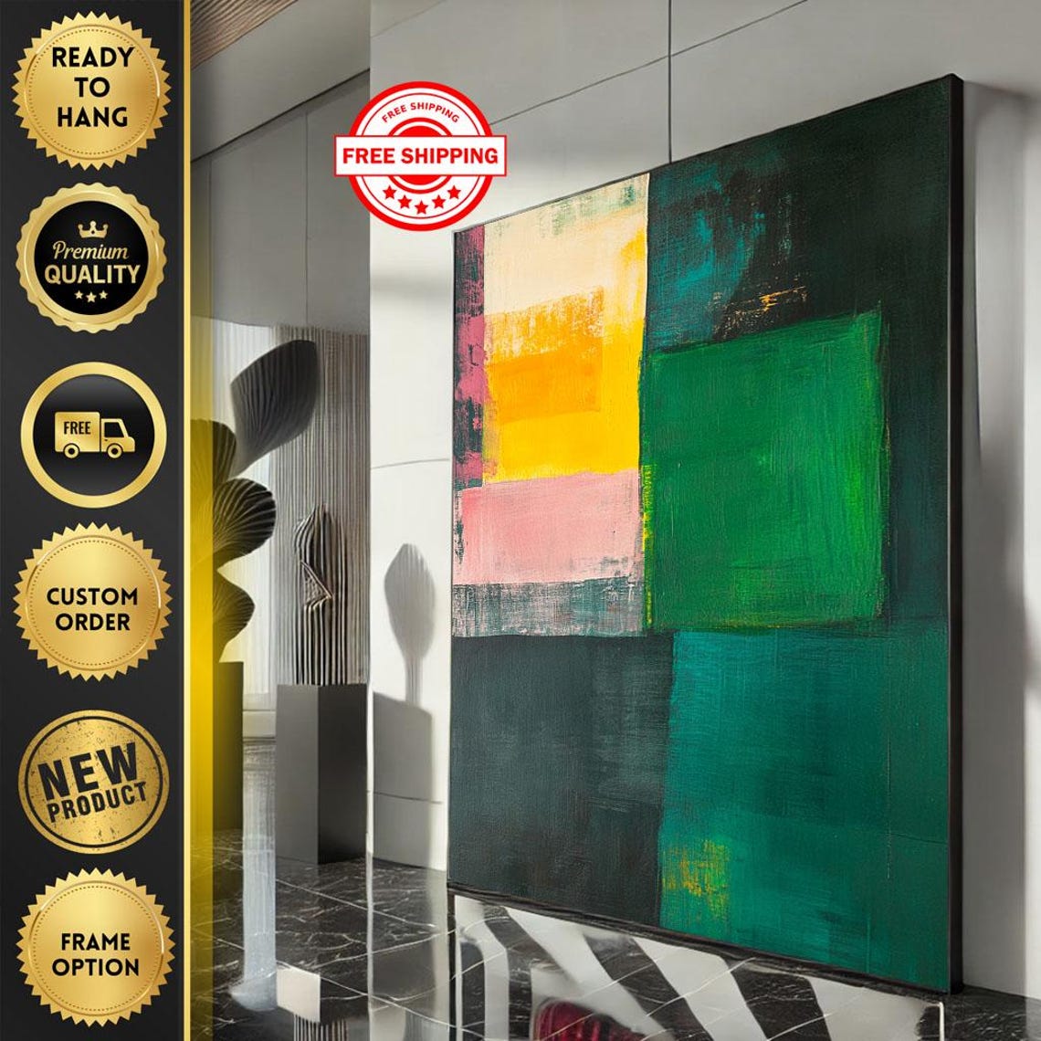 Green Yellow Pink Abstract Color Block Modern Painting Poster