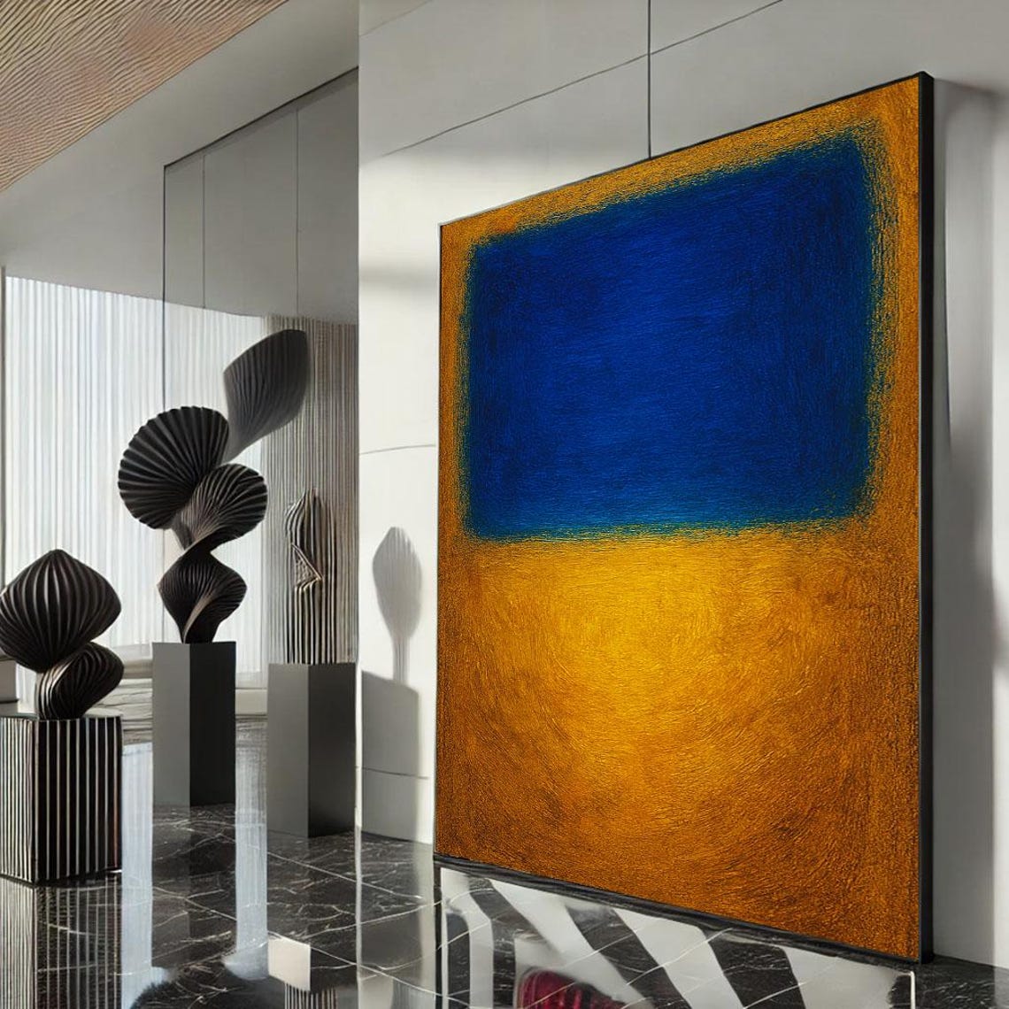 Deep Blue And Golden Orange Color Field Abstract Modern Art Poster