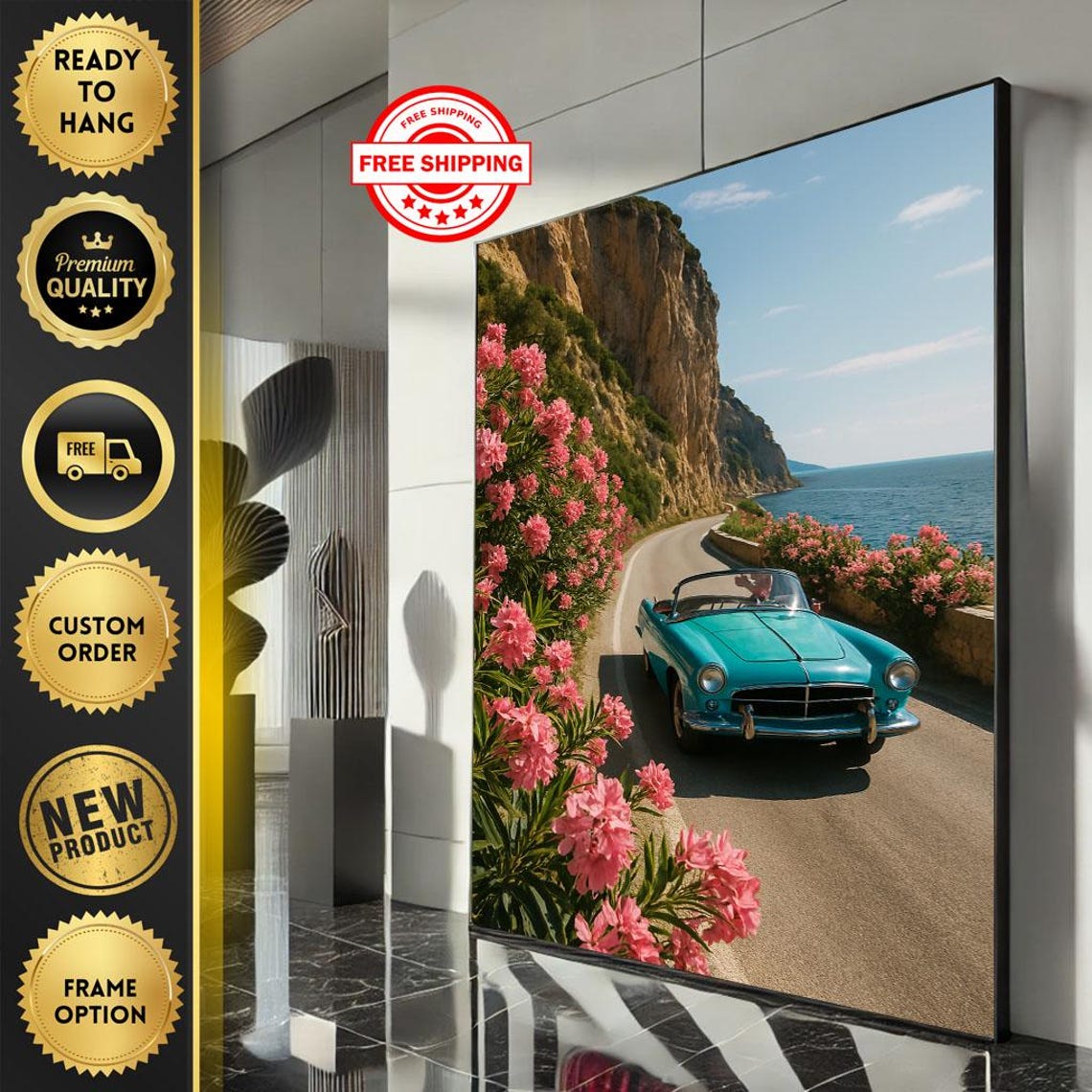 Vintage Coastal Drive Turquoise Convertible Seaside Road Poster