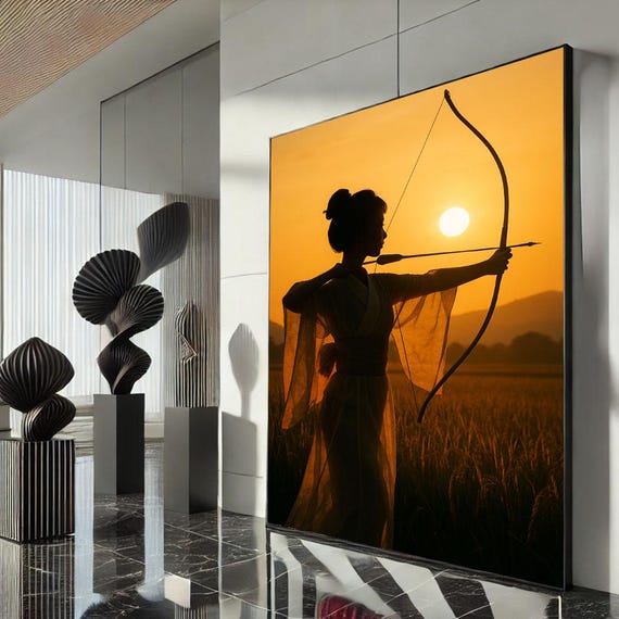Elegant Archer Silhouette Canvas Wall Art Print Warm Sunset Living Room Decor Statement Piece