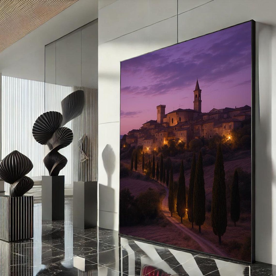 Italian Hilltop Village Under Purple Twilight Sky Cypress Poster