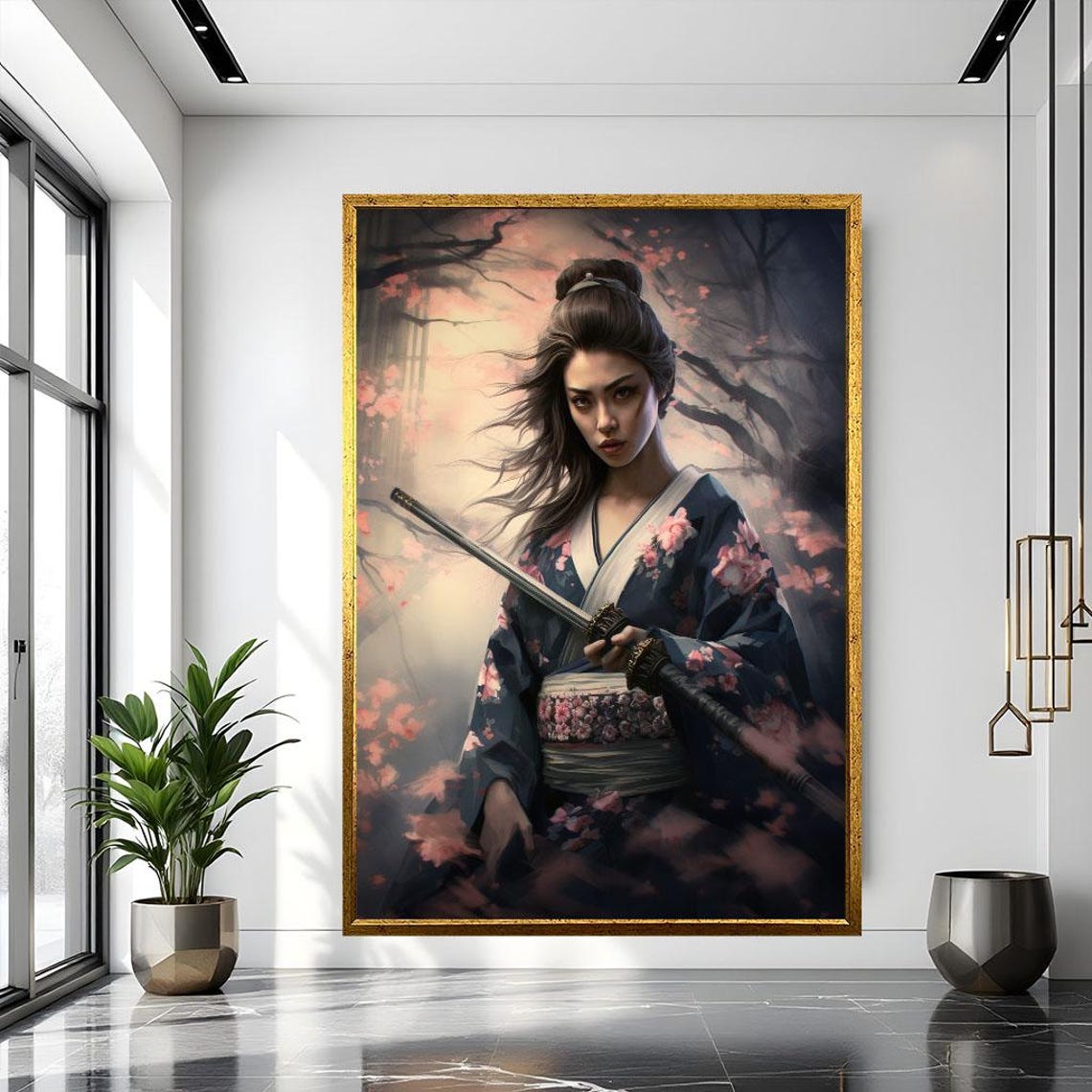 Samurai Woman Drawing Her Sword Cherry Blossom Battle Scene Poster